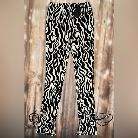 H:OURS || Jordan Split Hem Tie Pants in Black & White Swirl - SZ XXS ⭐️NWT⭐️ - Picture 2 of 6